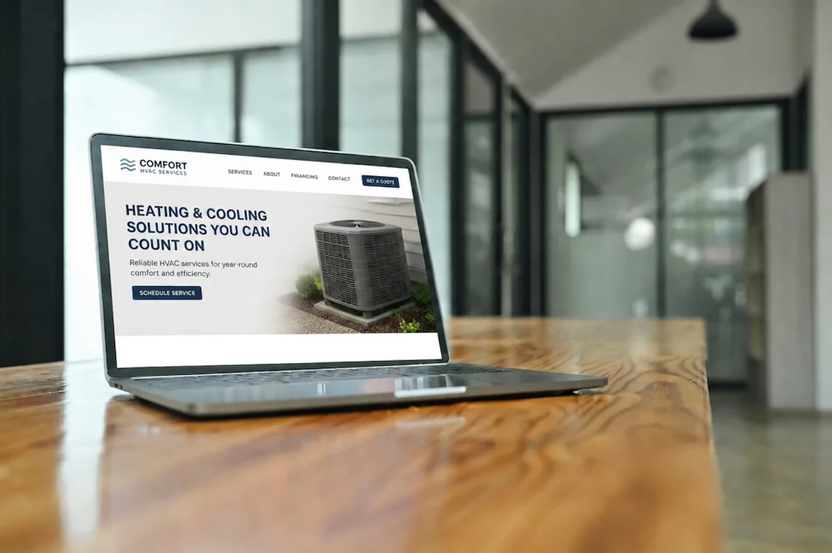 A custom-coded HVAC website displayed on a laptop