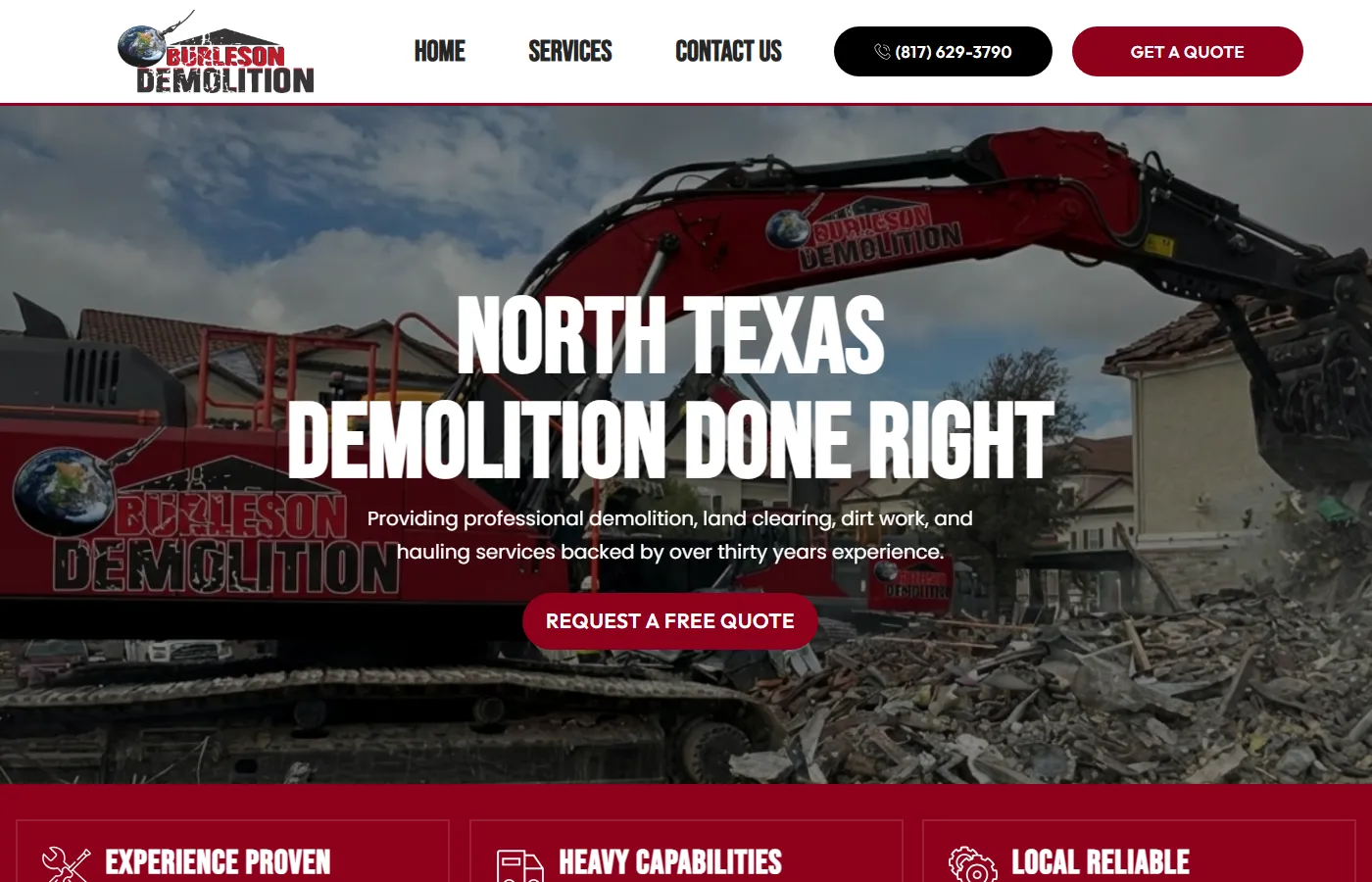 Burleson Demolition website built by Cavenaugh Media