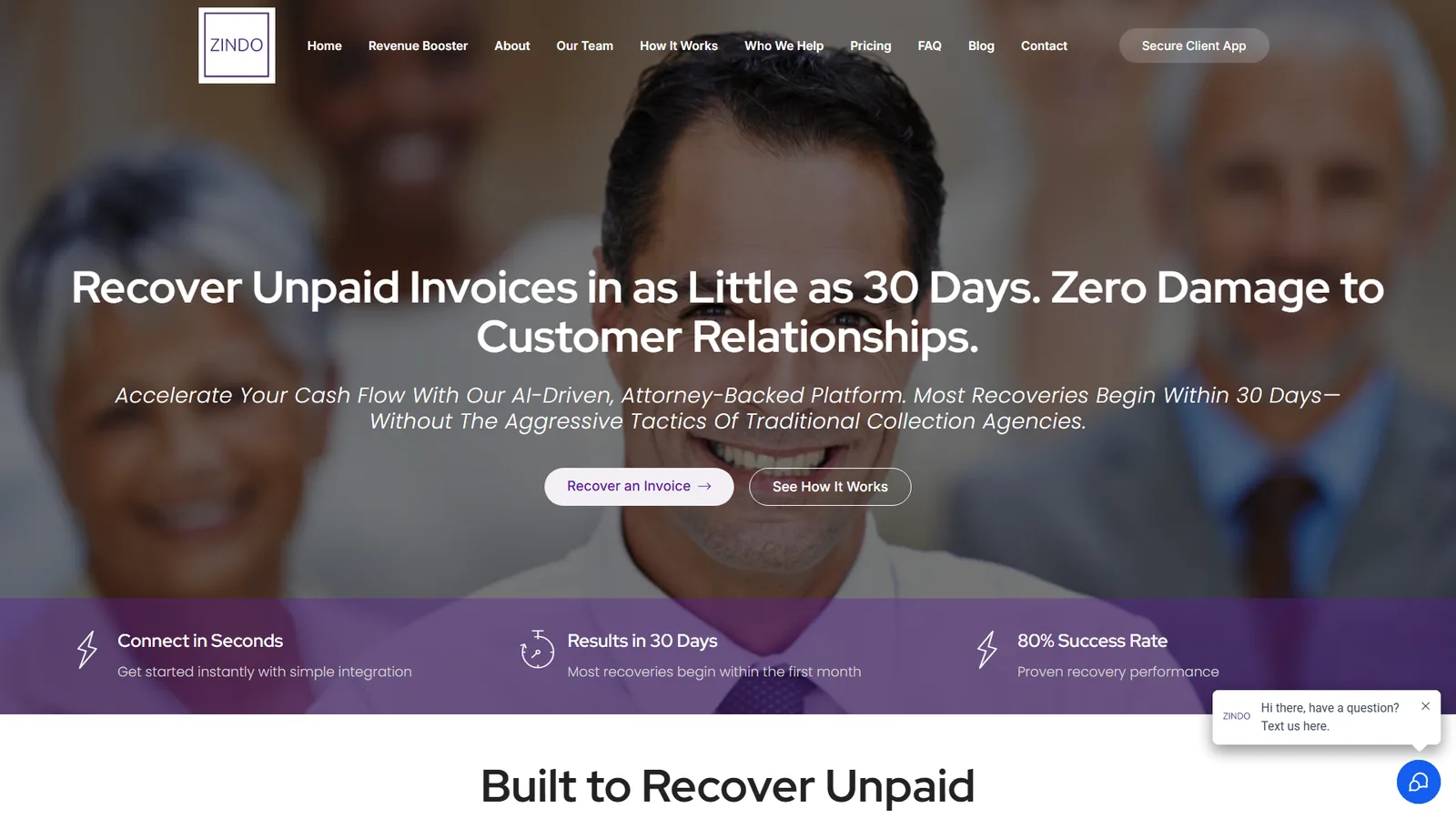 Zindo invoice-recovery platform homepage
